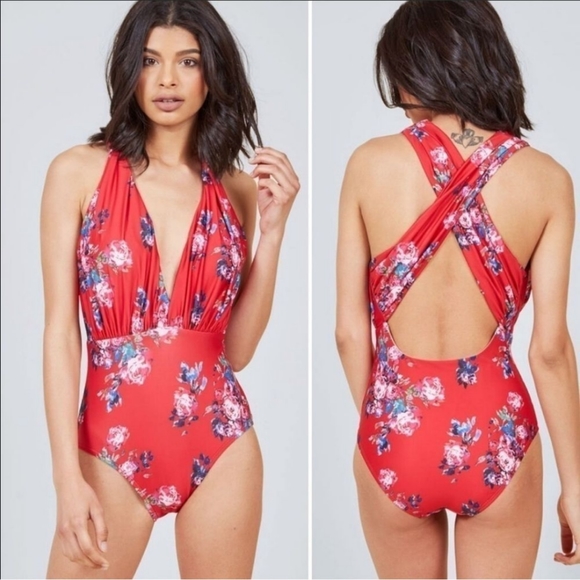 Modcloth Swim Modcloth Red Floral The Lauren I Piece Swimsuit Size
